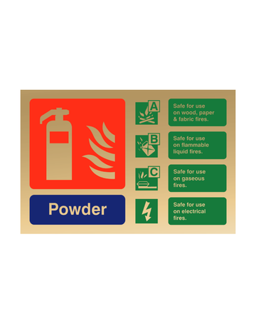 Powder Fire Extinguisher ID Sign – Gold | 150mm x 100mm | Class A B C & Electrical