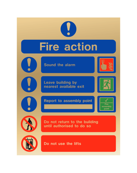 Fire Action Notice Sign – Gold | Polished Finish | 150mm x 200mm