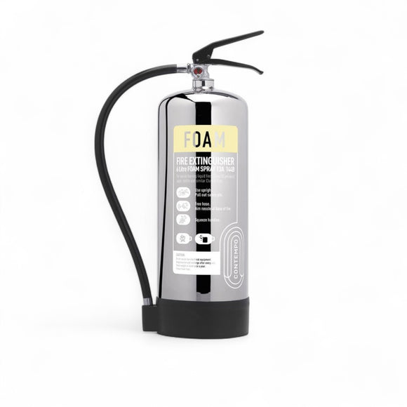 CheckFire Contempo Foam Fire Extinguishers – Stainless Steel 6L & 9L (Class A & B)