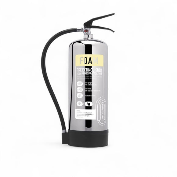 CheckFire Contempo Foam Fire Extinguishers – Stainless Steel 6L & 9L (Class A & B)